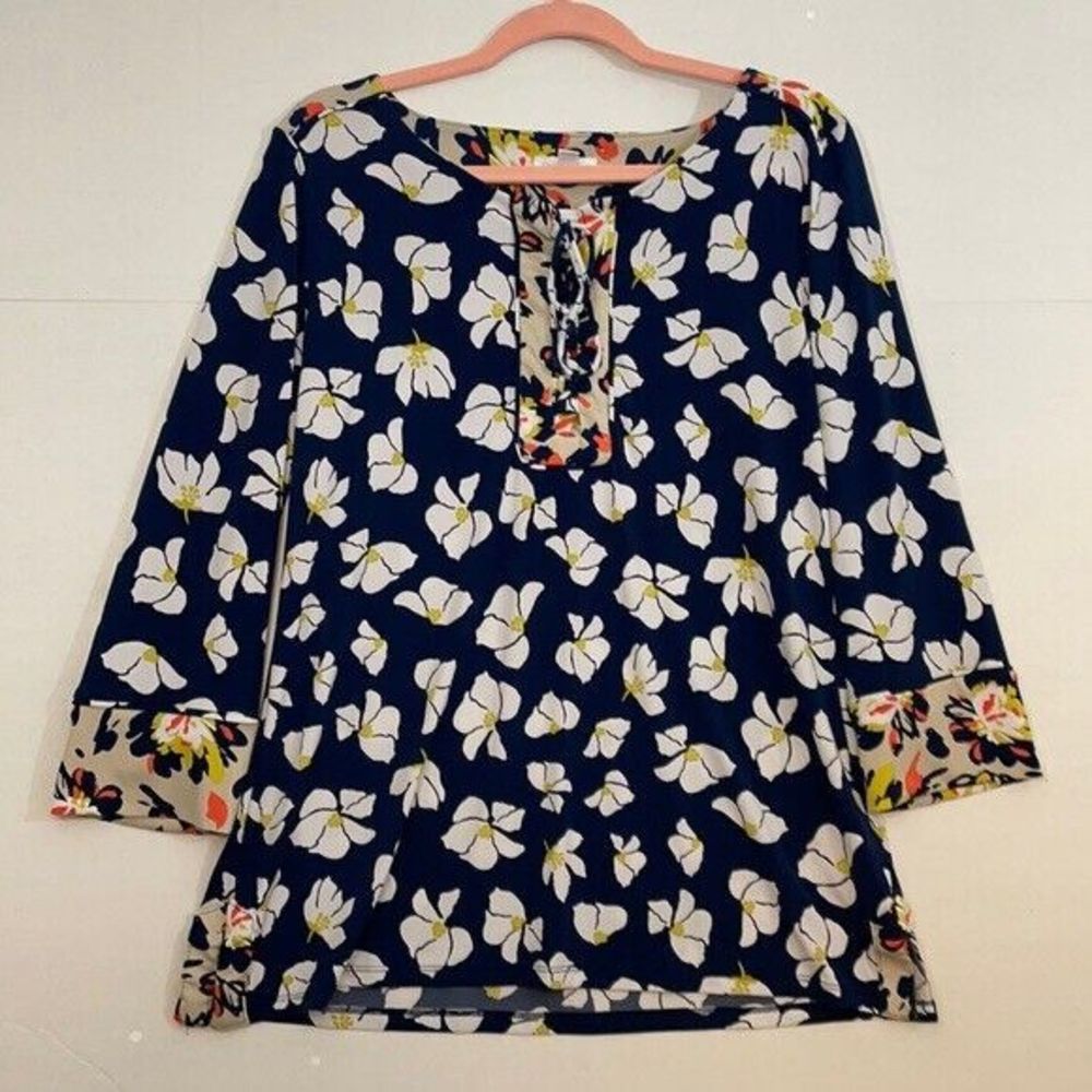 Charter Club Top, Popover, 3/4 Sleeves, Navy Blue with White Floral Print, Large
